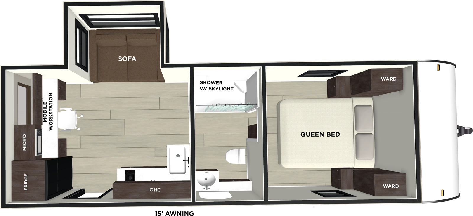 The Wildwood FSX 163RDSK floorplan has one entry and one slide out. Exterior features include: metal exterior and 15' awning. Interiors features include: front bedroom and pass through bathroom.